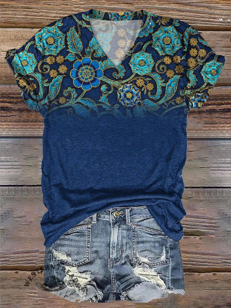 Retro Blue Floral Gradient Pattern Print Casual T-Shirt