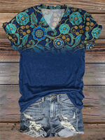 Retro Blue Floral Gradient Pattern Print Casual T-Shirt