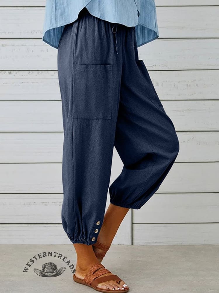 Solid Color Casual With Pocket Buttons Cotton Linen Trousers Pants