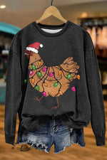 Cute Christmas Rooster Print Sweatshirt