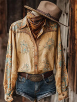 Women's Vintage Western Horse Design Cotton and Linen Shirt