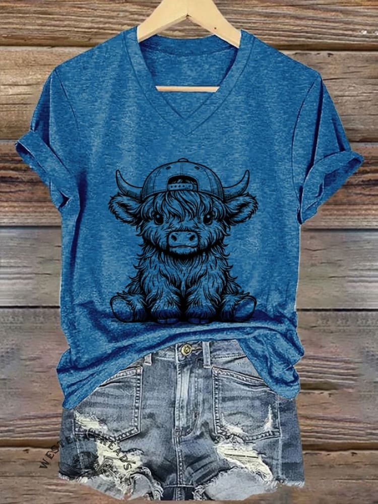 Women's Western Highland Cow printed casual T-shirt