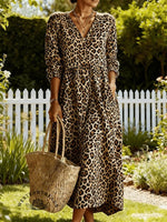 Women'S Casual Plaid Leopard Print Long Sleeve Dress