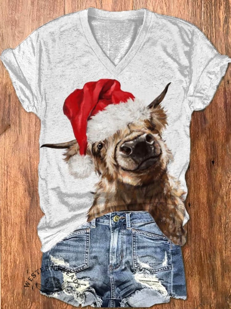 Women's Mooey Christmas Cow Print V-Neck T-shirt