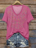 Women's Flower Print V-neck Casual T-Shirt