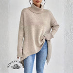 Women's Long Turtleneck Solid Color Sweater With Irregular Hem