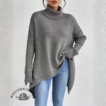 Women's Long Turtleneck Solid Color Sweater With Irregular Hem