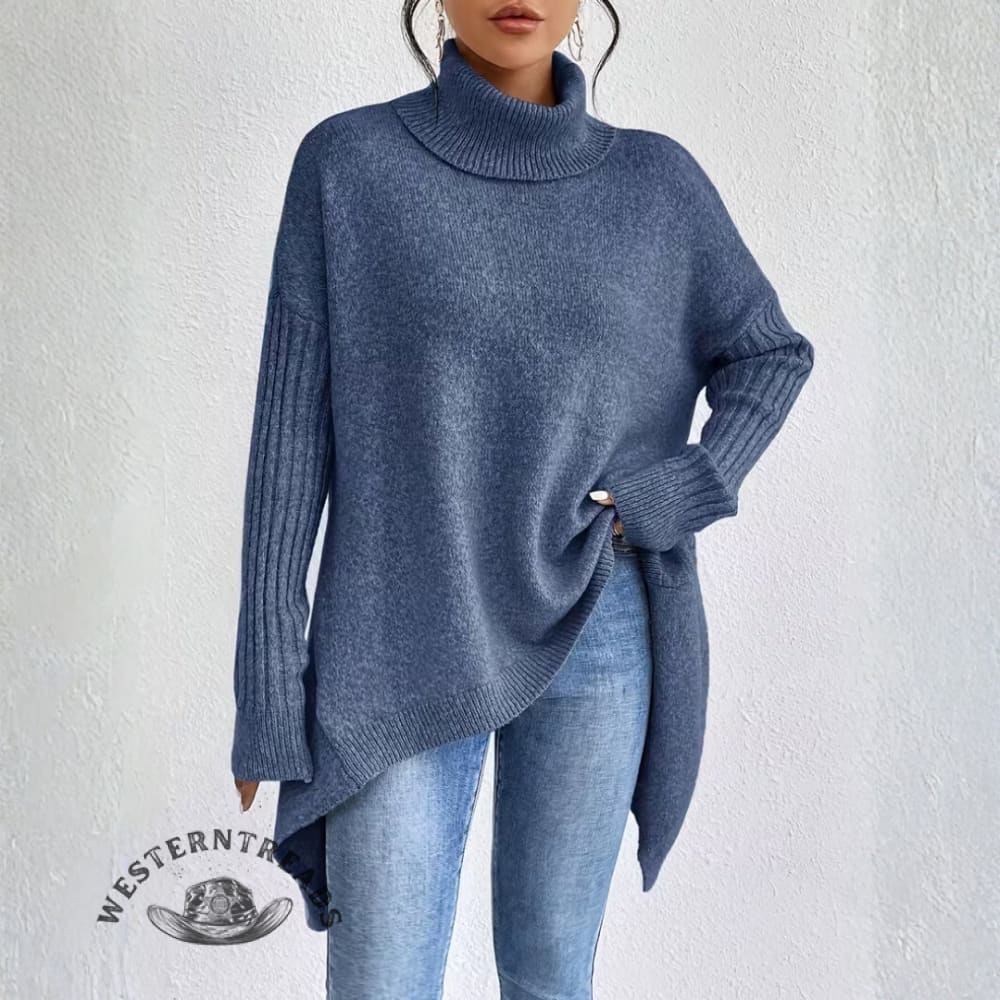 Women's Long Turtleneck Solid Color Sweater With Irregular Hem