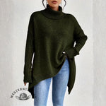 Women's Long Turtleneck Solid Color Sweater With Irregular Hem