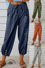 Solid Color Casual With Pocket Buttons Cotton Linen Trousers Pants