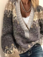 Women's Retro Ethnic Print Casual V-neck Pullover Knit Sweater