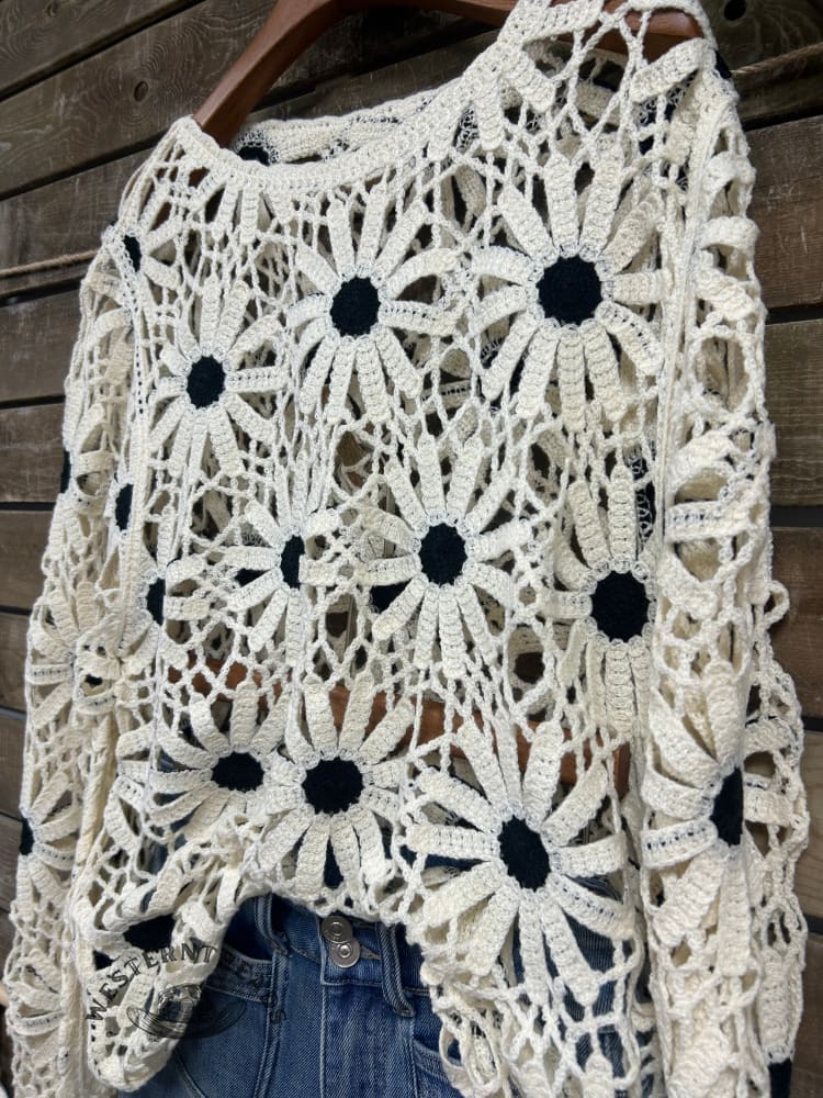 Vintage Western Art Soft Casual Crocheted Flowers Shirt