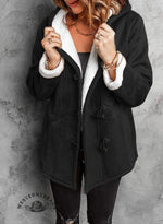 Horn Button Solid Color Plush Hooded Jacket Coat