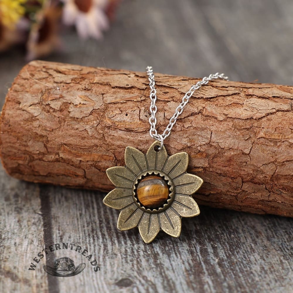 Vintage Sunflower Cat Eye Stone Inlaid Delicate Pendant Necklace