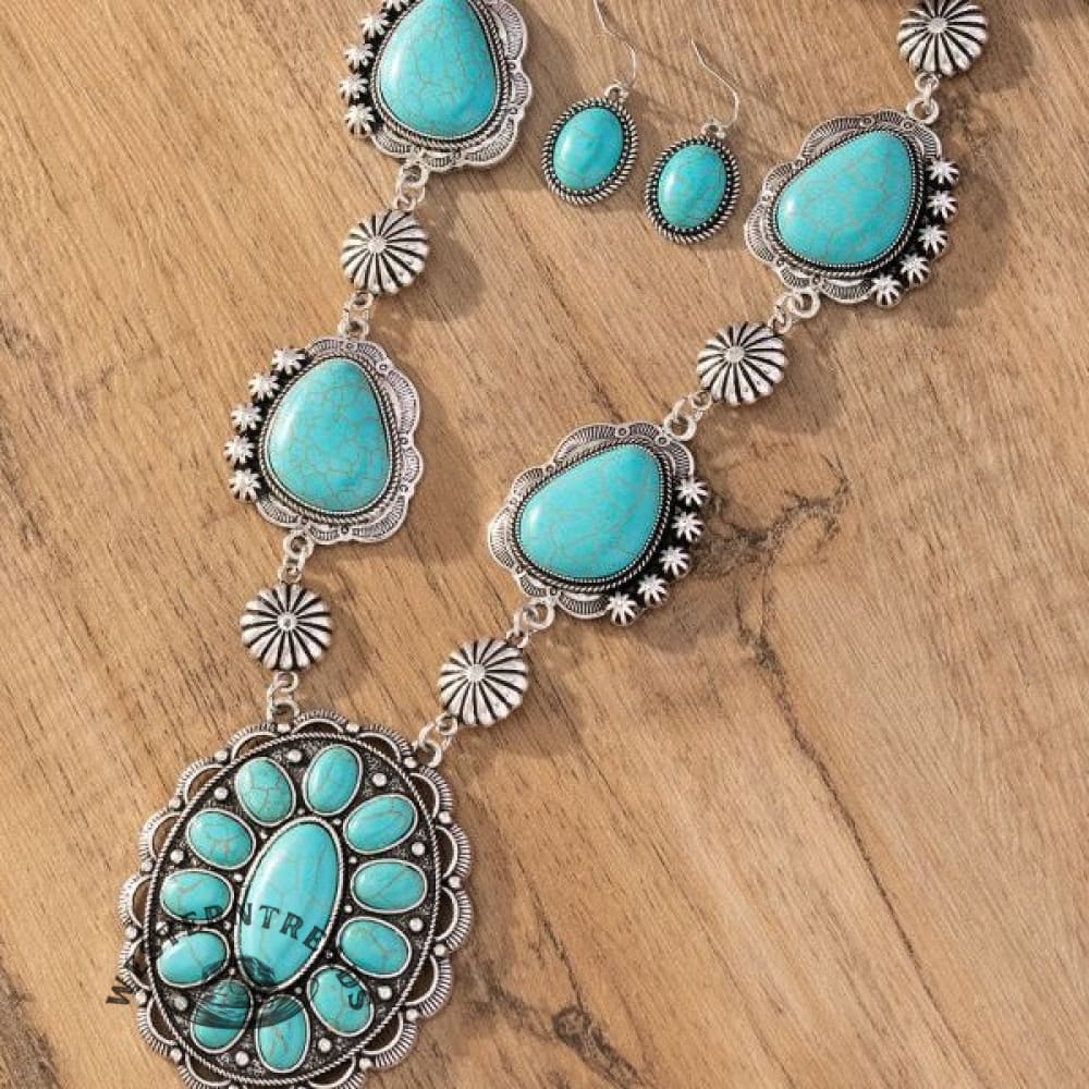 Western style retro special-shaped turquoise necklace with earrings jewelry set