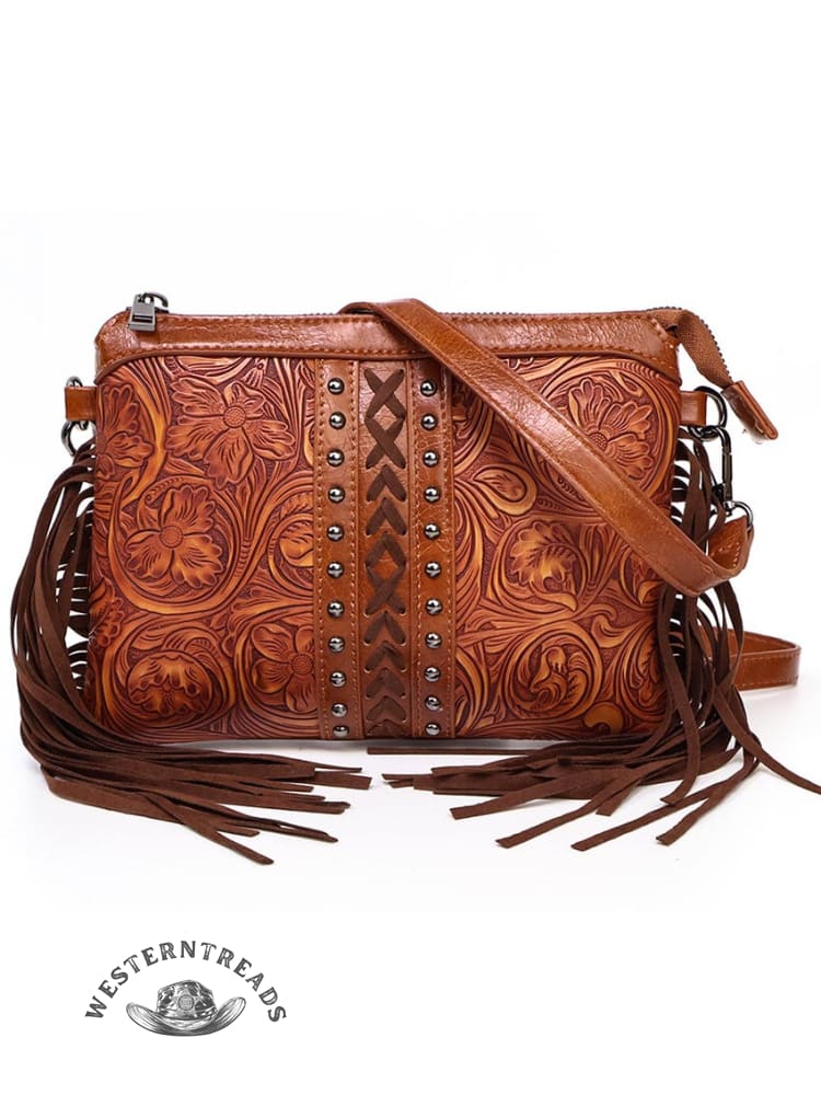PU Genuine Leather Printed Bohemian Fringed Crossbody Bag