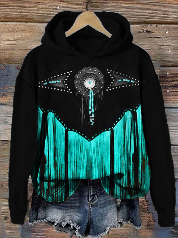 Western Turquoise Art Contrast Color Hoodie