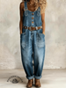 Vintage Western Art Buttons Denim Jumpsuit