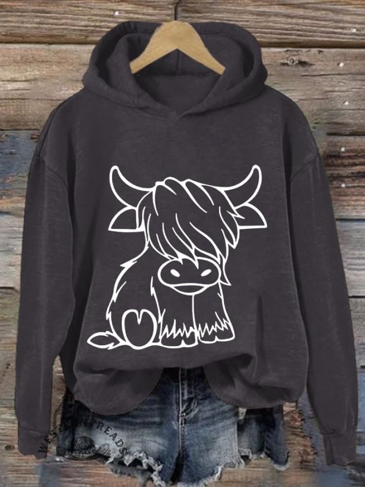 Women'S Western Highland Cow Print Casual Hoodie