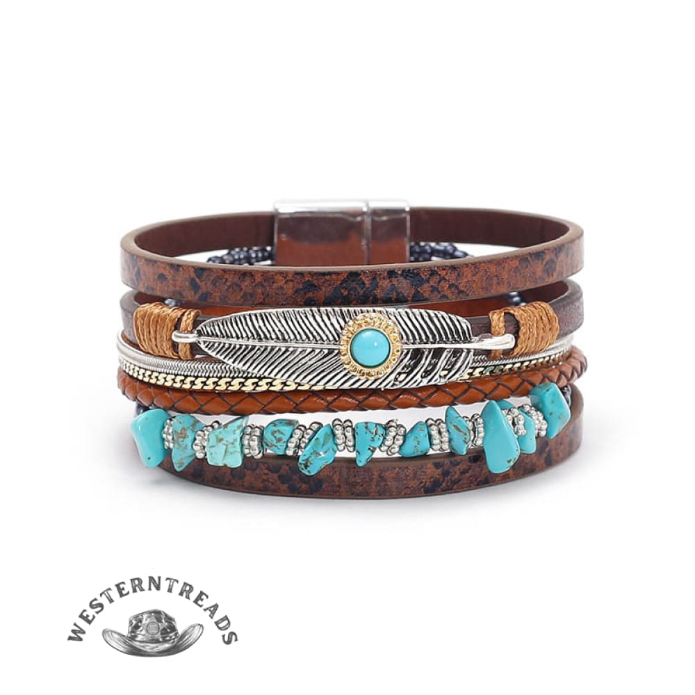 Boho Gravel Feather Leather Bracelet
