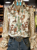 Vintage Western Cowboy Print Printed Casual Shirt