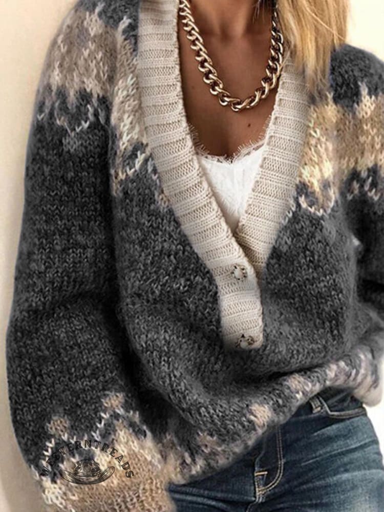 Women's Retro Ethnic Print Casual V-neck Pullover Knit Sweater