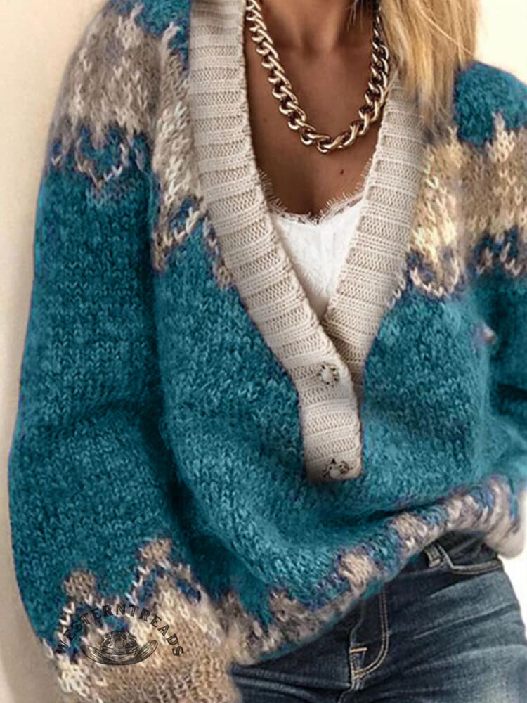 Women's Retro Ethnic Print Casual V-neck Pullover Knit Sweater