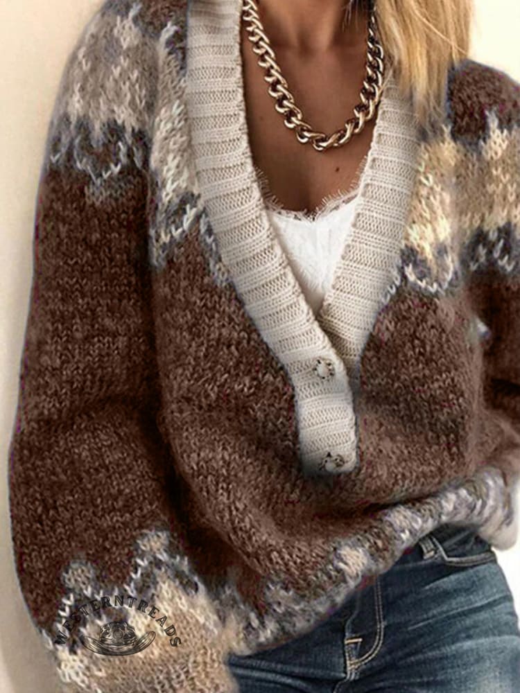 Women's Retro Ethnic Print Casual V-neck Pullover Knit Sweater