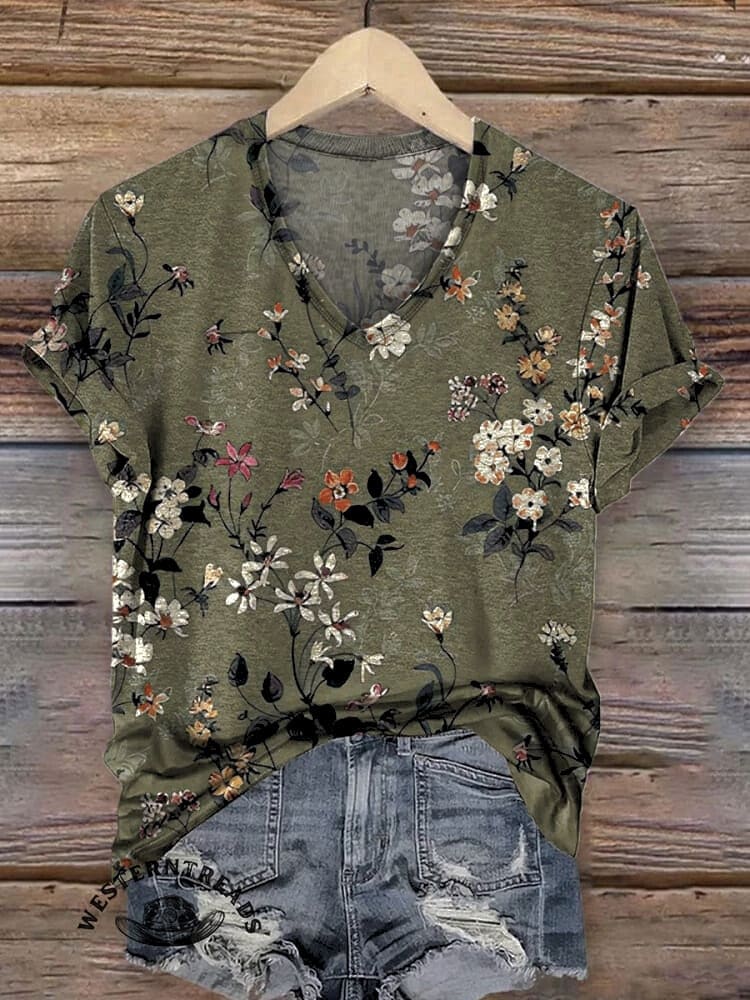 Retro Green Classic Floral Printed Casual T-shirt