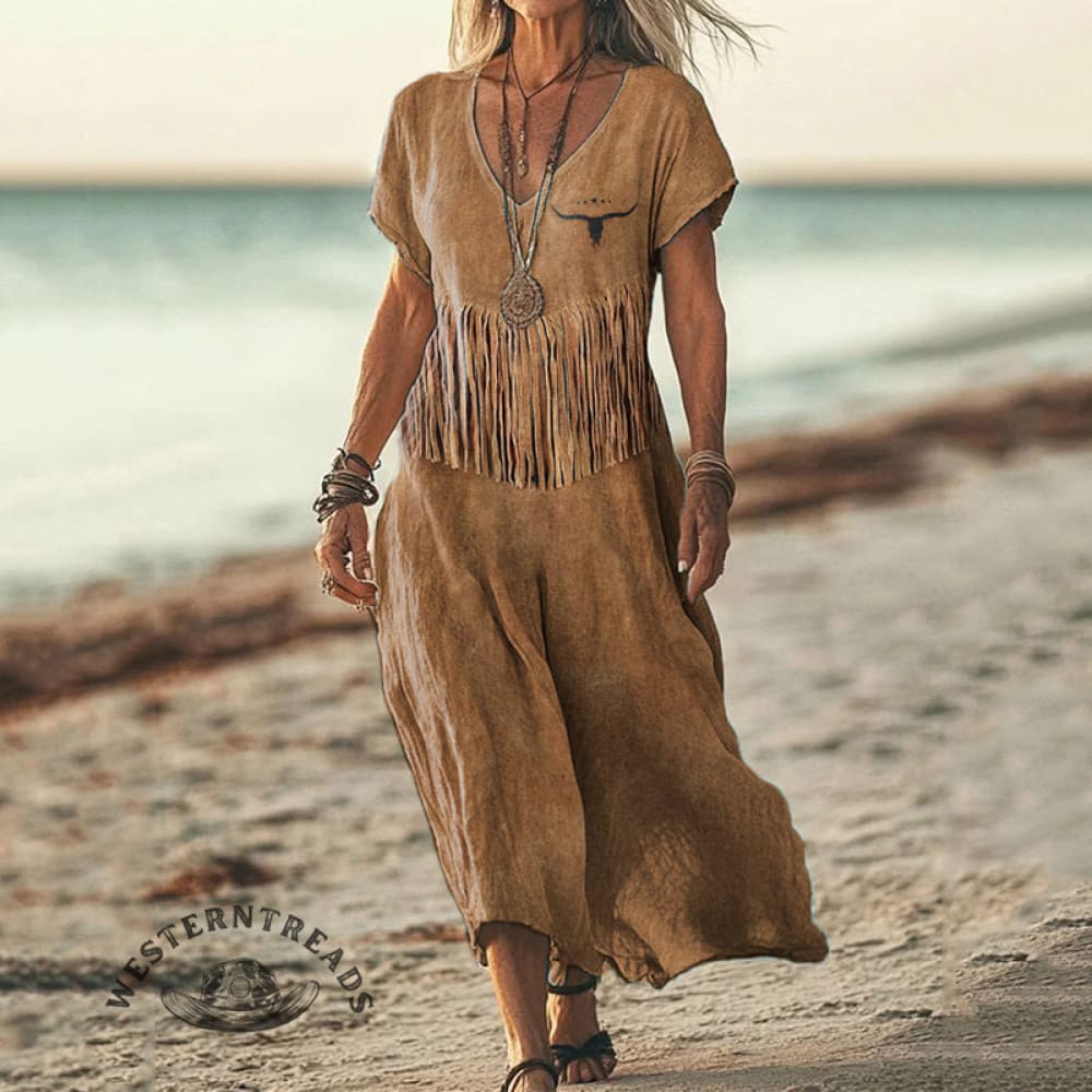 Women's Western Inspired Fringe Linen Blend Vintage Dress