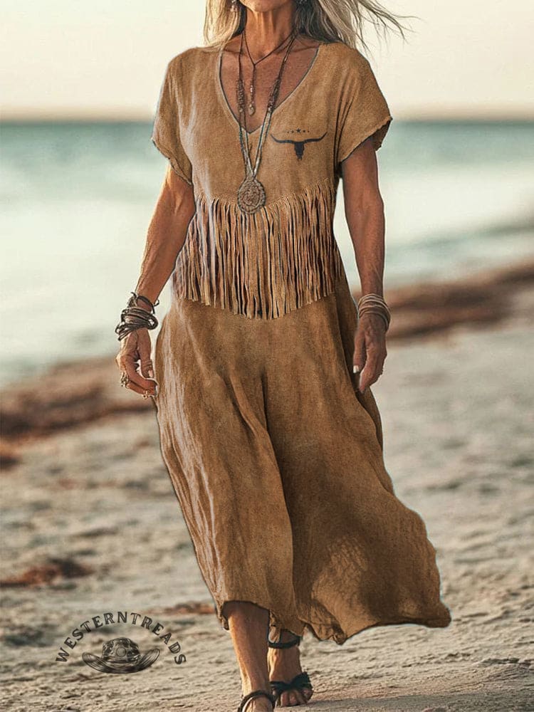 Women's Western Inspired Fringe Linen Blend Vintage Dress