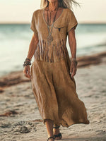 Women's Western Inspired Fringe Linen Blend Vintage Dress