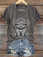 Women's Western Highland Cow printed casual T-shirt