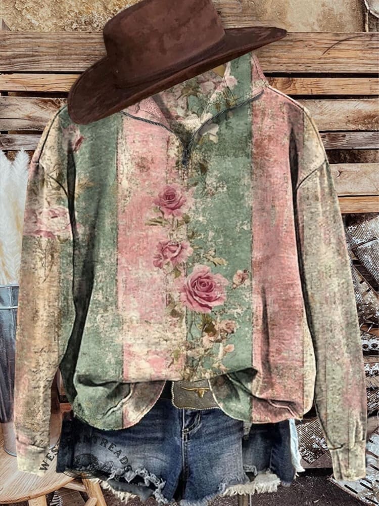 Vintage Rose Art Print Casual Long Sleeve Zip Sweatshirt