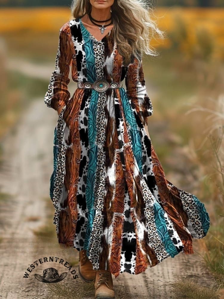 Women's Vintage Stripes Classic West Print Pocket Cotton Dress