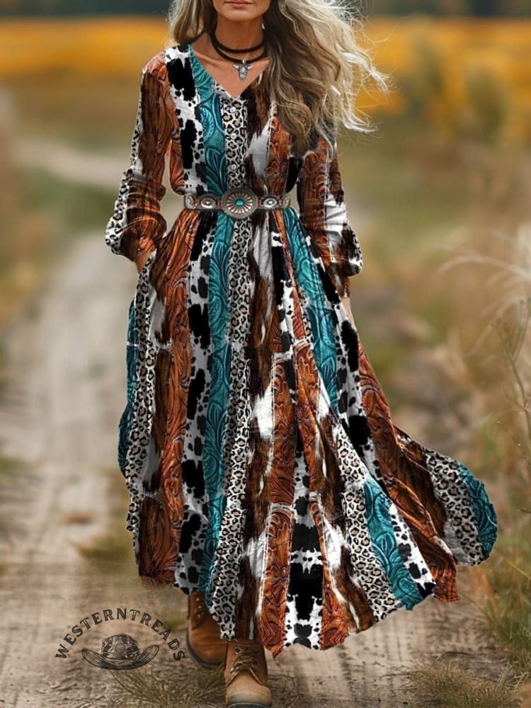 Women's Classic West Stripes Print V-Neck Button Pocket Cotton Dress