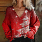 Women's Glitter Christmas Tree Art Pattern Casual V-Neck Knit Sweater