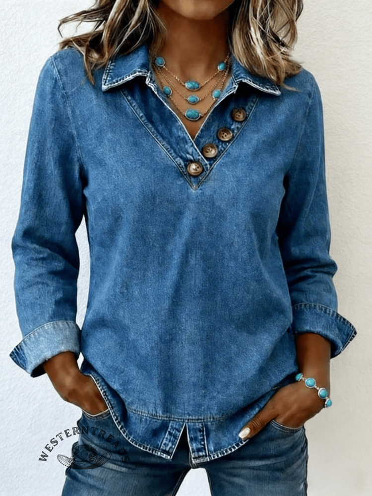 Vintage Elegant Western Aztec Art Denim Shirt Top