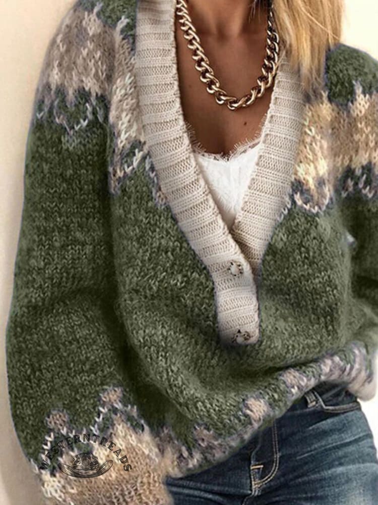 Women's Retro Ethnic Print Casual V-neck Pullover Knit Sweater