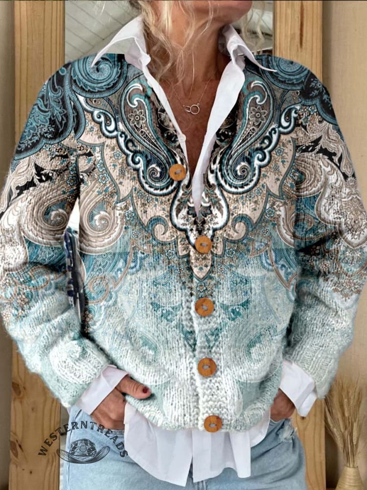 Paisley Print Buttoned Cardigan Sweater