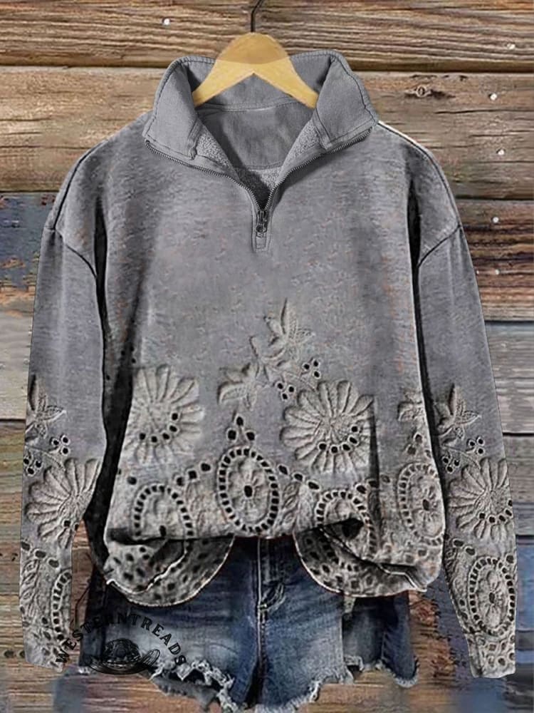 ?Limited Time Discount?Vintage Lace Floral Print Casual Sweatshirt