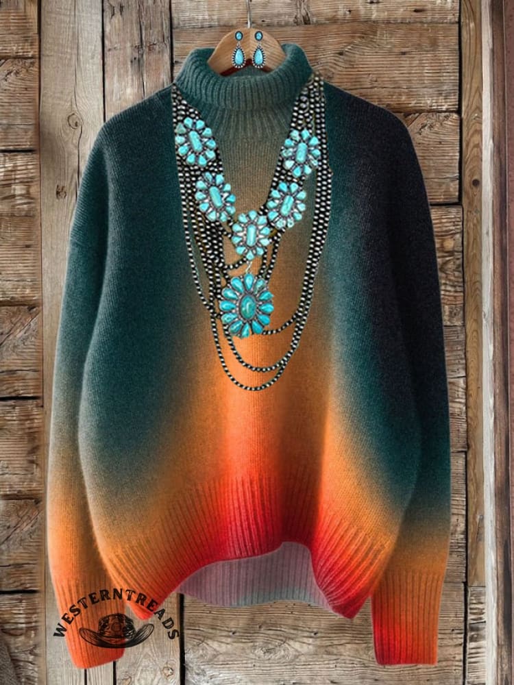 Vintage Print Knit Turtleneck Pullover Sweater