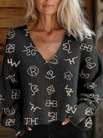 Women's Western Cattle Brands Print Casual V-neck Pullover Knit