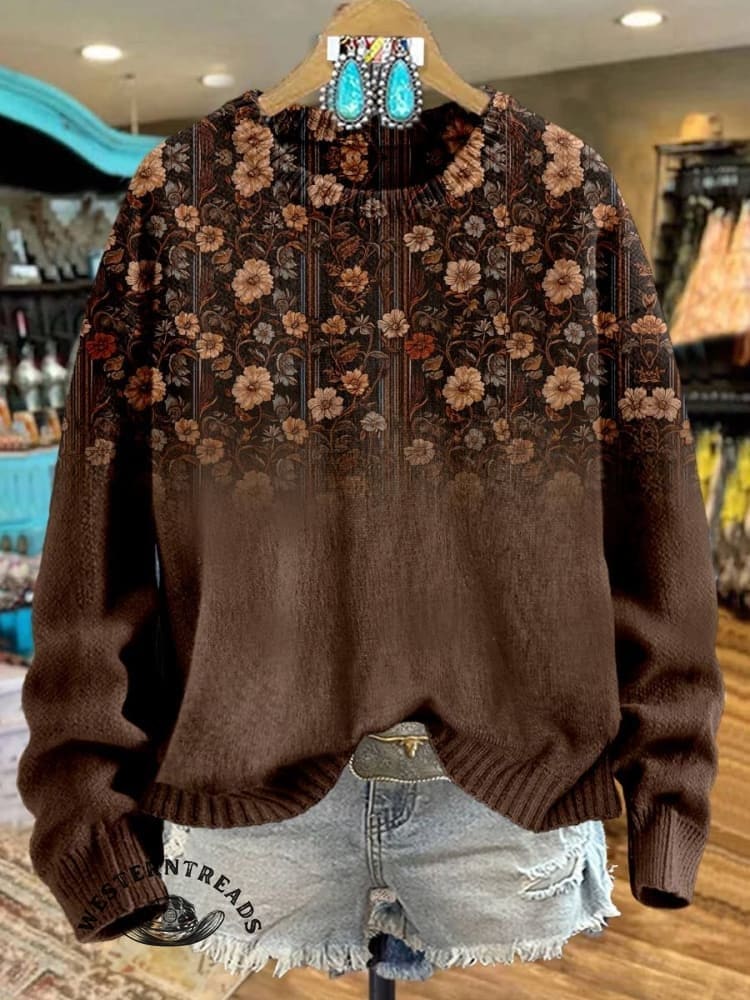 🔥Hot Sale🔥Women's Brown Flower Print Casual Sweatshirt