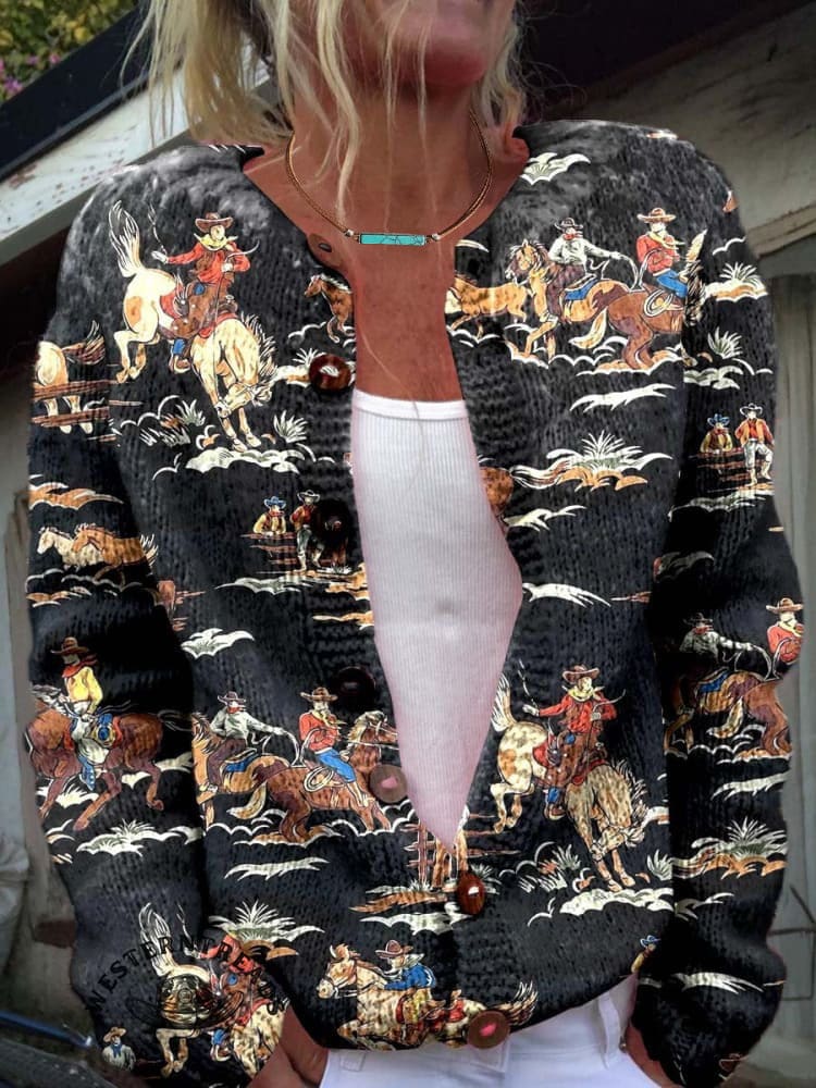 🔥Hot Sale🔥Black Cowboy Print Buttoned Cardigan Sweater
