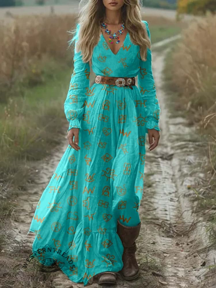 Women's Cattle Brands Print Pocket Cotton Dress