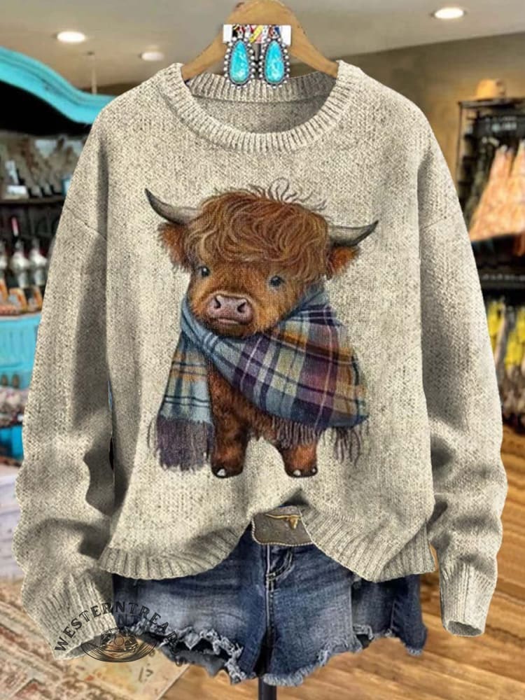 West Highland Cow Print Knit Pullover Sweater