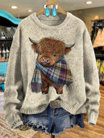 West Highland Cow Print Knit Pullover Sweater