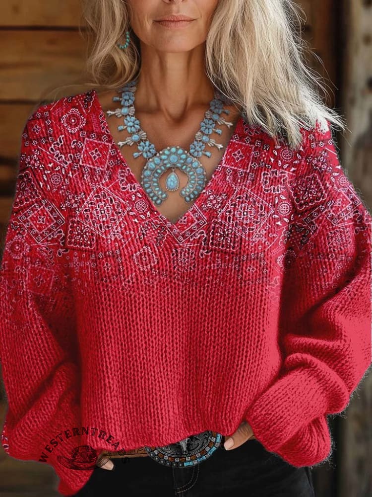 Women's Paisley Casual V-neck Pullover Knit
