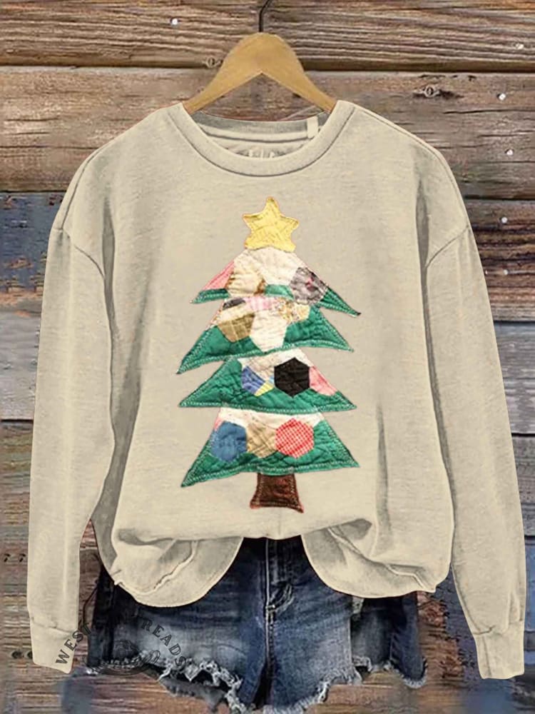 Retro Patchwork Christmas Tree Print Sweatshirt